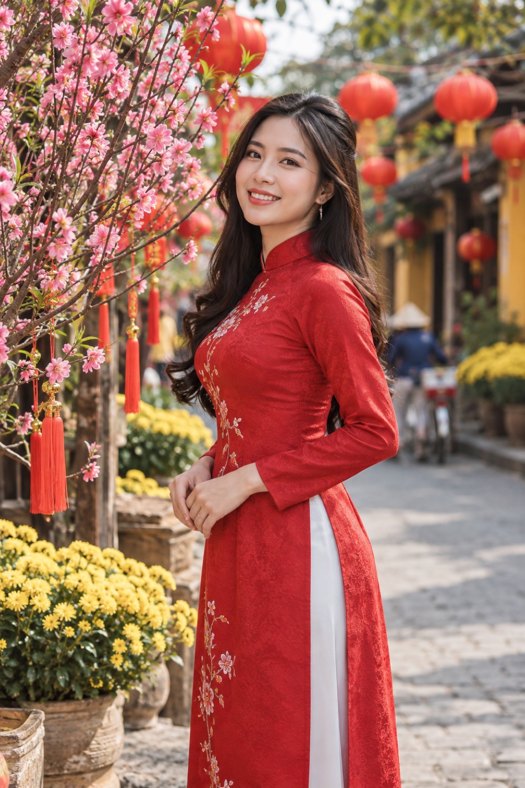 Chị em mặc áo dài đỏ bên cây hoa đào
