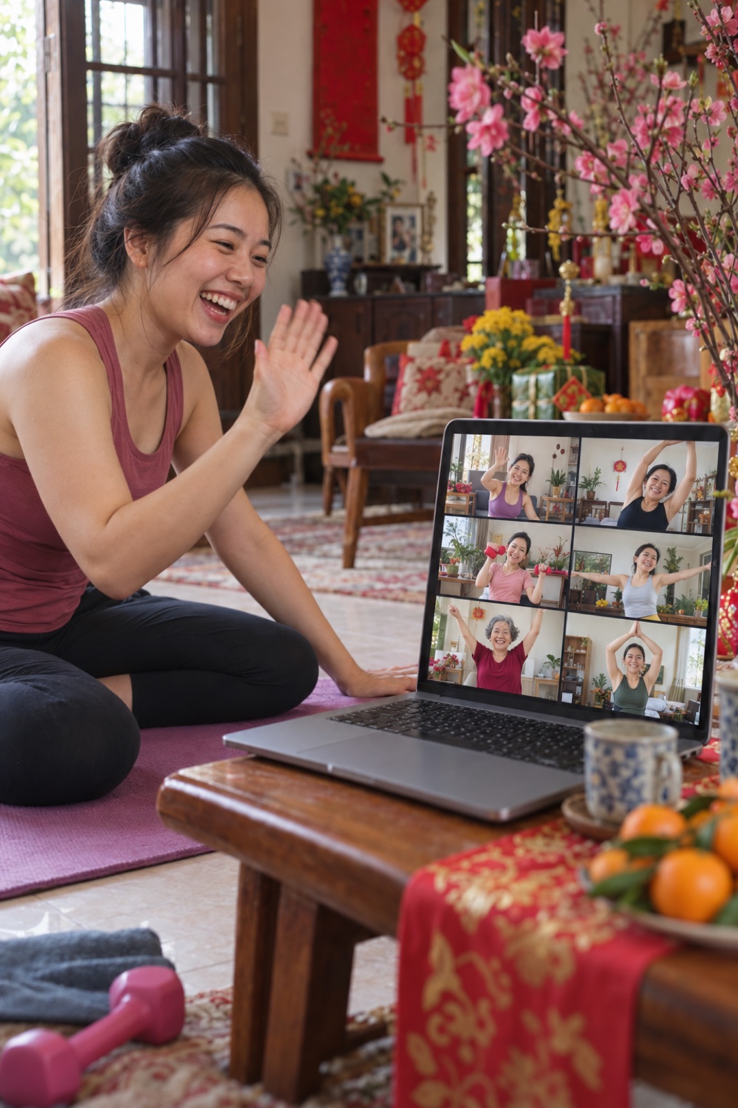 Nhóm chị em cùng tập online qua cuộc gọi video, cười vui