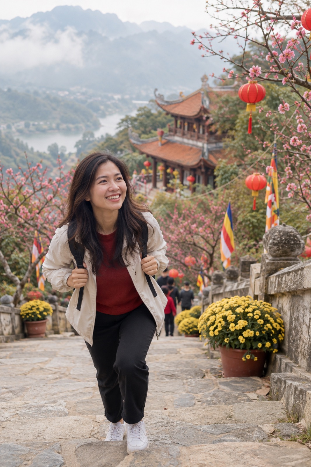 Chị em leo bậc đá lên chùa du xuân