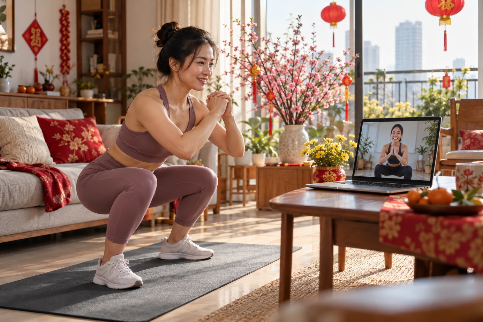 Chị em tập online tại nhà cùng coach qua video, phòng khách trang trí hoa đào đón Tết
