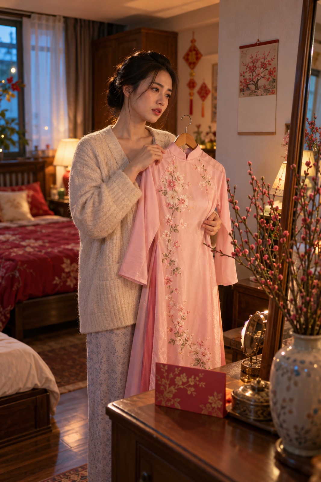 Tháng Chạp, chị em cầm chiếc áo dài để dành trước gương, còn ngần ngại chưa thử