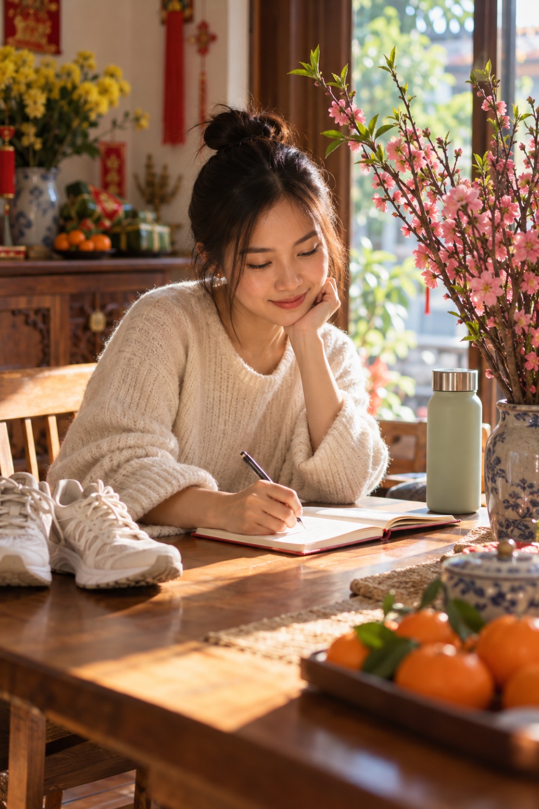 Chị em viết mục tiêu năm mới vào sổ