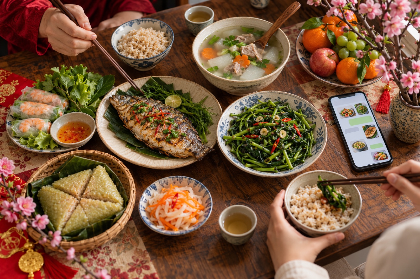 Bữa cơm nhà lành mạnh kiểu Việt bên điện thoại nhắn meal plan