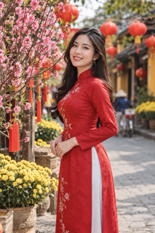 Chị em mặc áo dài đỏ đứng thẳng bên cây hoa đào