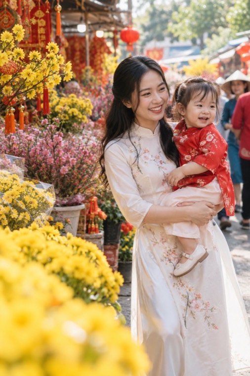Mẹ trẻ bế con dạo chợ hoa Tết