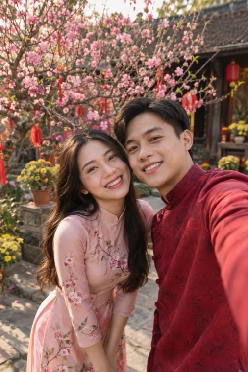 Cặp đôi chụp ảnh tự nhiên trước cây hoa đào ngày Tết