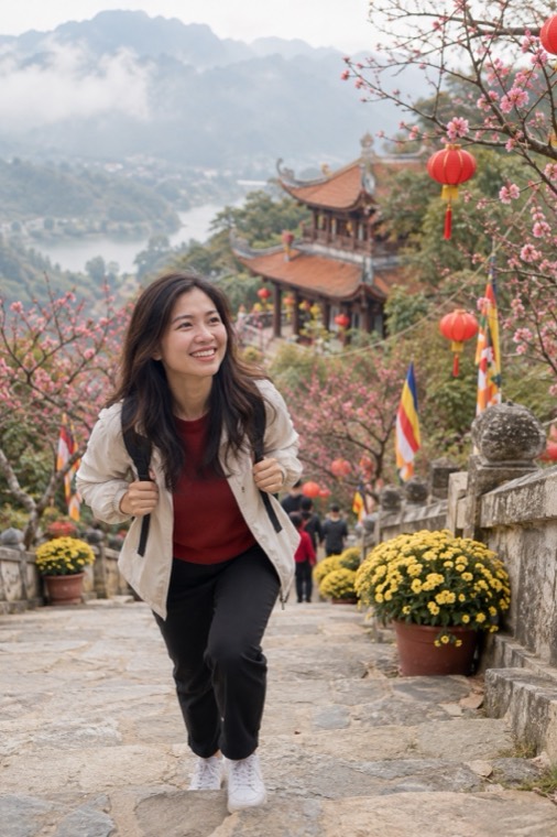 Chị em leo bậc đá lên chùa du xuân