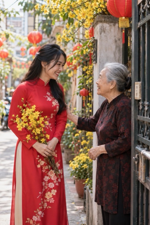 Chị em mặc áo dài chào bà hàng xóm ngày Tết