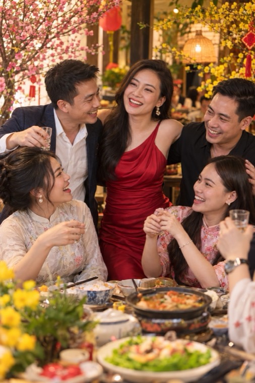 Bạn cũ ôm nhau trong buổi họp lớp cuối năm