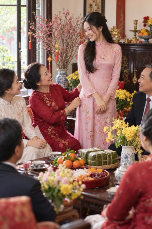 Họ hàng khen cô gái mặc áo dài gọn gàng ngày Tết