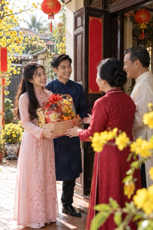 Cặp đôi đến chúc Tết gia đình