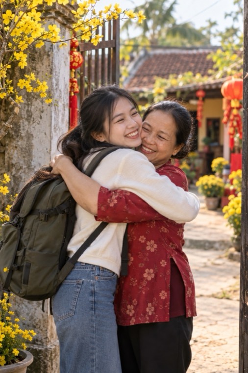 Con gái về quê ôm mẹ ngày Tết