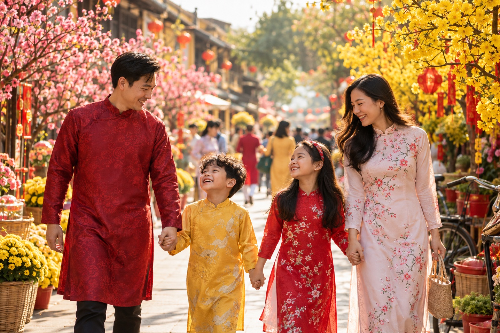 Gia đình dạo phố hoa đào ngày mùng 1 Tết