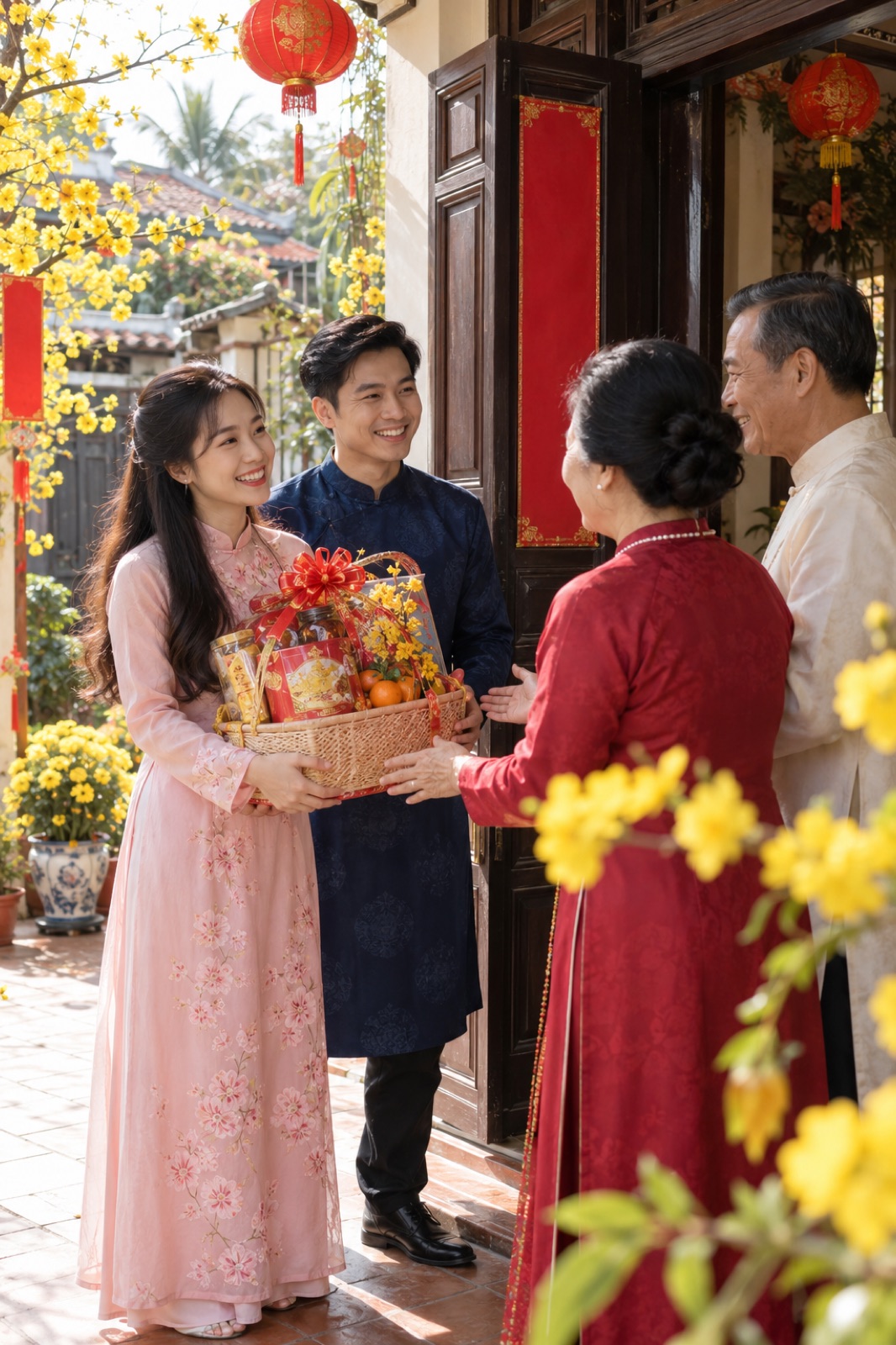 Cặp đôi đến chúc Tết gia đình